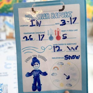 May include: A light blue weather report board with the text "WEATHER REPORT". The board shows the date 3-17, temperature 26/17, wind 12 W, and precipitation as snow. It also features a drawing of a person and a weather symbol chart.