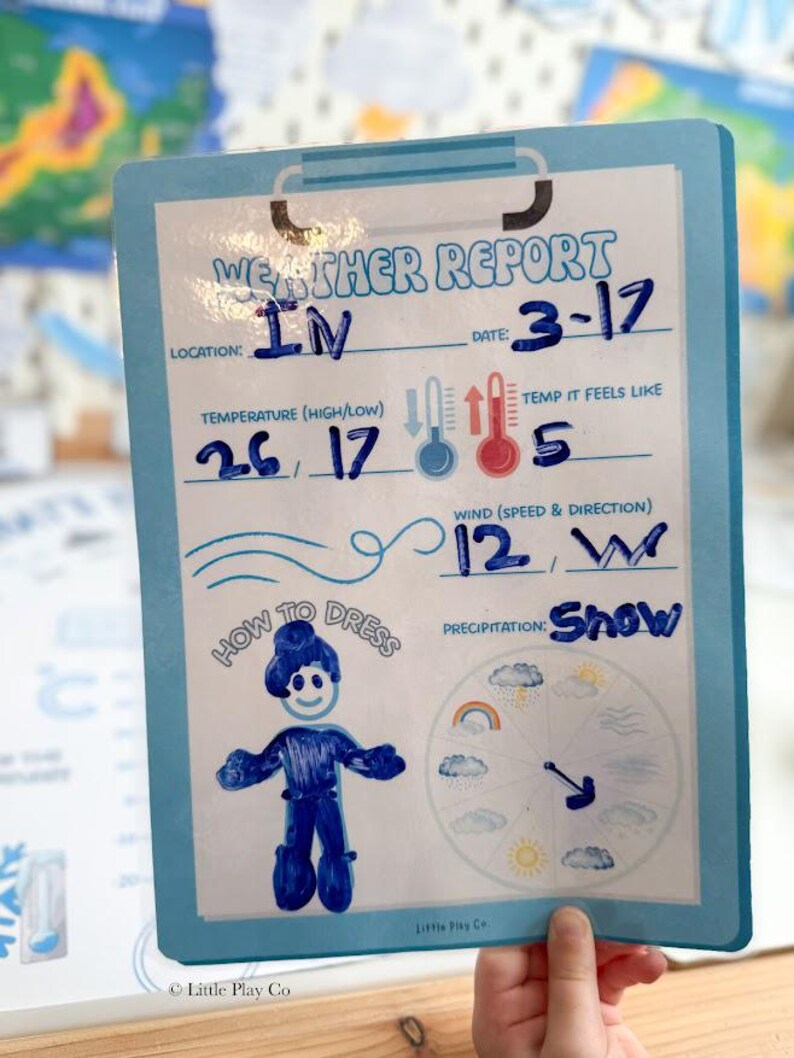 May include: A light blue weather report board with the text "WEATHER REPORT". The board shows the date 3-17, temperature 26/17, wind 12 W, and precipitation as snow. It also features a drawing of a person and a weather symbol chart.