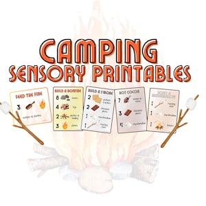 Puede incluir: Imprimibles sensoriales de camping con instrucciones para construir una fogata, s'mores y chocolate caliente. La imagen incluye ilustraciones de ingredientes y una malvavisco en un palo. El texto dice "Camping Sensory Printables."