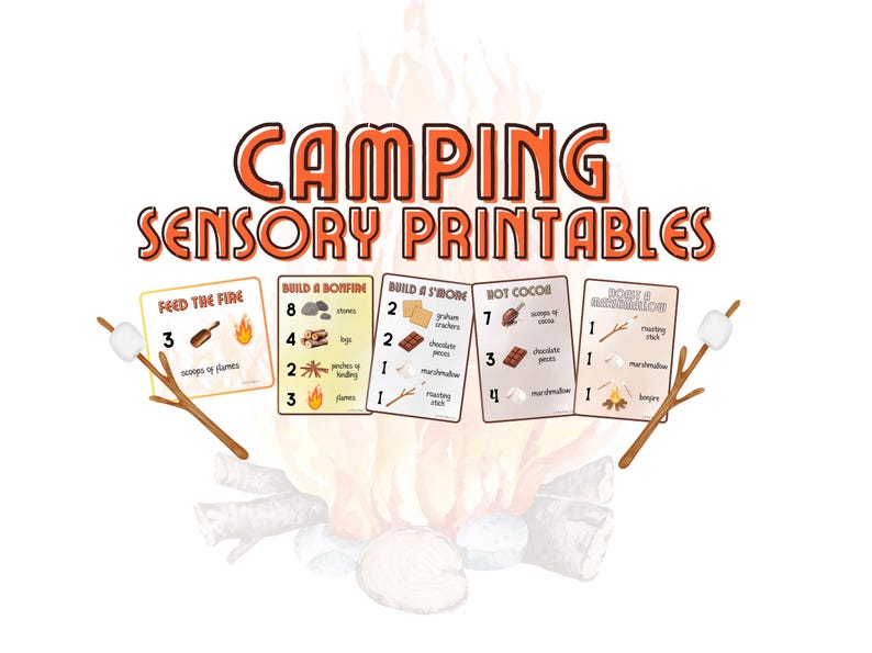 Puede incluir: Imprimibles sensoriales de camping con instrucciones para construir una fogata, s'mores y chocolate caliente. La imagen incluye ilustraciones de ingredientes y una malvavisco en un palo. El texto dice "Camping Sensory Printables."