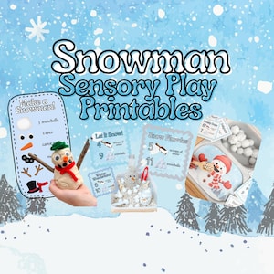 以下が含まれることがあります： 「Snowman Sensory Play Printables」のテキストが入った冬をテーマにした画像。フェルト製の雪だるま、雪だるまをテーマにしたアクティビティのカード、白いボールが入った容器が特徴です。背景は、雪の結晶が描かれた水色の水彩デザインです。