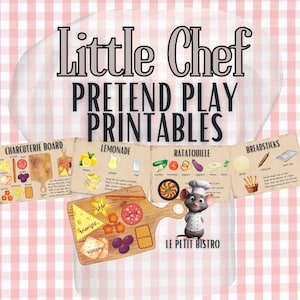 Op de afbeelding: Afdrukbare speelkaarten met eten, die een charcuteriebord, limonade, ratatouille en stokbrood tonen. De kaarten zijn geïllustreerd met kleurrijke afbeeldingen van eten en ingrediënten. Een cartoon-rattenkok staat voor een houten snijplank met verschillende voedingsmiddelen. De tekst "Little Chef Pretend Play Printables" staat bovenaan de afbeelding. De tekst "Le Petit Bistro" staat onderaan de afbeelding.