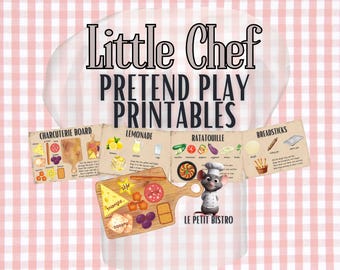 May include: Printable play food cards featuring a charcuterie board, lemonade, ratatouille, and breadsticks. The cards are illustrated with colorful images of food and ingredients. A cartoon rat chef stands in front of a wooden cutting board with a variety of food items. The text "Little Chef Pretend Play Printables" is at the top of the image. The text "Le Petit Bistro" is at the bottom of the image.