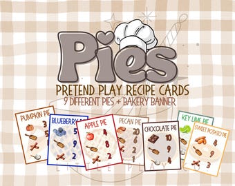 Könnte beinhalten: Neun druckbare Spielkarten zum Vorspielen von Rezepten für verschiedene Kuchen, darunter Kürbis, Blaubeere, Apfel, Pekannuss, Schokolade, Limette und Süßkartoffel. Die Karten zeigen Illustrationen der Zutaten und ein Banner für eine Bäckerei.