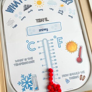 May include: A white educational weather chart with the text "WHAT'S THE WEATHER?" and weather icons. It includes a thermometer with Fahrenheit and Celsius scales, and the text "TODAY IS... snowy". Red pom-poms indicate the temperature.