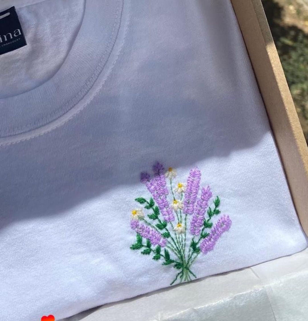 Hand Embroidered 'lavender and Daisies Bouquet' T-shirt - Etsy