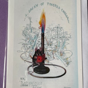 Op de afbeelding: Een artistieke prent met muizen, laboratoriumapparatuur en een vlam. De tekst "A DREAM OF TOASTED CHEESE" staat bovenaan in een boog. Een muis leest een boek bij een vlam. De prent bevat de tekst "NH3" en een citaat.