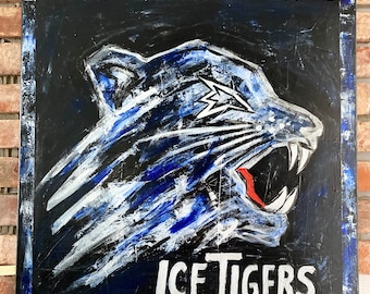 Nürnberg ICE Tigers Originale Acryl/Spachtel Bilder Leinwand Keilrahmen  Handgemalt Blau/Schwarz/Silber 70 x 70 cm Diverse Größen erhältlich