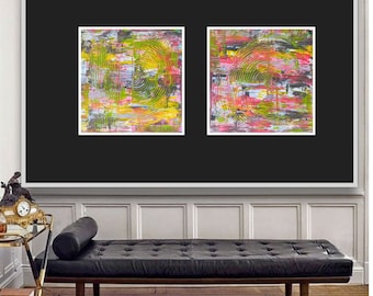 SET of 2 pieces each 40x40 original pictures abstract canvas hand-painted paintings artist Irene Lösel Fürth/Bay unique pieces pink/white/magenta/blue/yellow