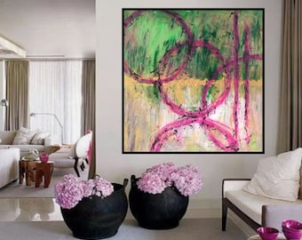 XL 80x80 Abstract ART by MKL Canvas Painting Acrylic Picture # Modern Art Lösel Green/Magenta/Gold Handpainted Original Irene Lösel Unique