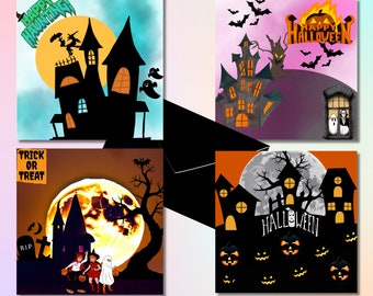May include: Four Halloween-themed square illustrations. Each features a haunted house, bats, ghosts, and pumpkins. One says "Happy Haunting", another "Happy Halloween", and a third "Trick or Treat". The fourth says "Halloween".