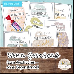 Könnte beinhalten: Eine Sammlung von druckbaren Karten mit Aquarellhintergründen und goldenen Akzenten. Jede Karte enthält deutschen Text, wie "Wenn du mal eine Auszeit brauchst..." (Wenn du eine Auszeit brauchst...). Ein verpacktes Bonbon ist sichtbar. Für alle Altersgruppen.
