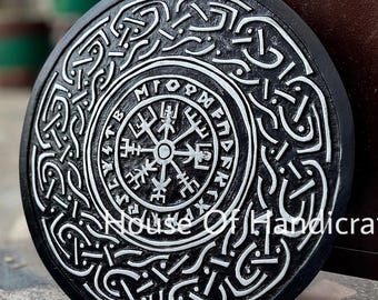 Handmade Viking Shield: Vegvisir Norse Runes, Celtic Knot Carved Wood