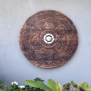 Handmade Viking Carved Wooden Shield, Helm of Awe, Runes, Celtic Knots Wall Decor