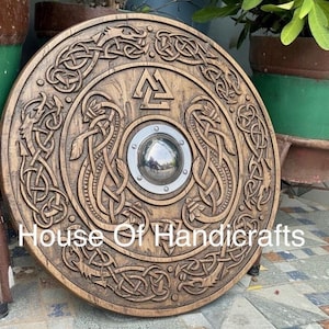 Handmade Viking Carved Shield:Viking Shield '22,24,30,36' Wooden Viking Shield Wall Decor,Room Decor,Cosplay,Gifts Brown