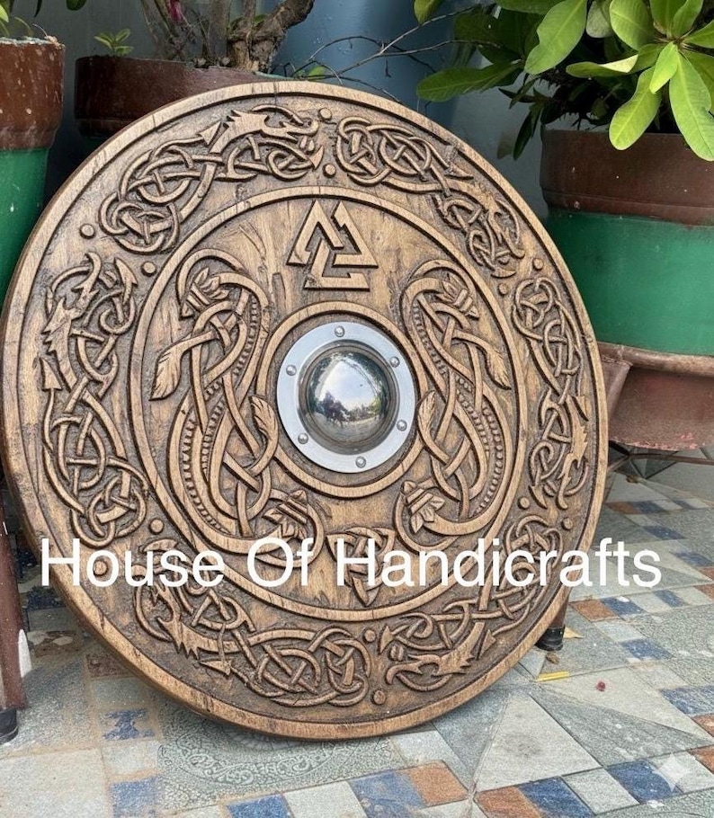 Handmade Viking Carved Shield:Viking Shield '22,24,30,36' Wooden Viking Shield Wall Decor,Room Decor,Cosplay,Gifts Brown