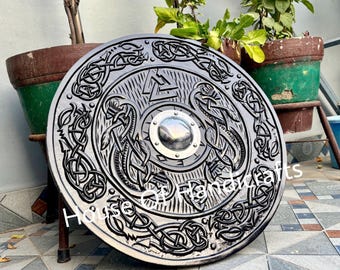 Handmade Viking Carved Shield:Viking Shield '22,24,30,36' Wooden Viking Shield Wall Decor,Room Decor,Cosplay,Gifts