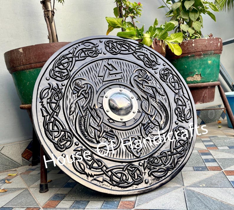 Handmade Viking Carved Shield:Viking Shield '22,24,30,36' Wooden Viking Shield Wall Decor,Room Decor,Cosplay,Gifts Full Black