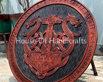 Handmade Wooden Medieval Shield: Cosplay Wall Decor, Leather Grip