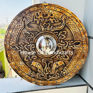 Handmade Wooden carved viking shield 22,24 and 30 inches ,raven design shield wall decor,codplay