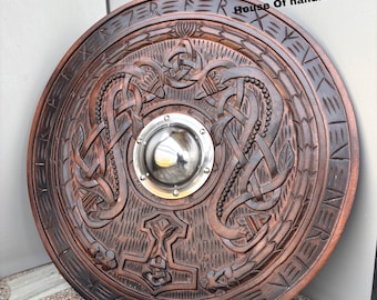 wooden carved vikings round shield 24 and 30 inches black /brown viking ,medieval wooden wall hanging and hand grip heavy leather straps