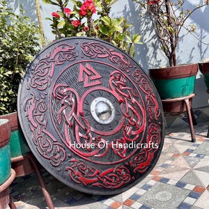 Handmade Viking Carved Shield:Viking Shield '22,24,30,36' Wooden Viking Shield Wall Decor,Room Decor,Cosplay,Gifts Red/Black
