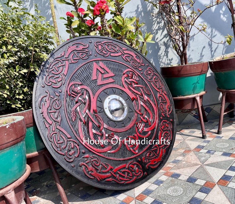 Handmade Viking Carved Shield:Viking Shield '22,24,30,36' Wooden Viking Shield Wall Decor,Room Decor,Cosplay,Gifts Red/Black