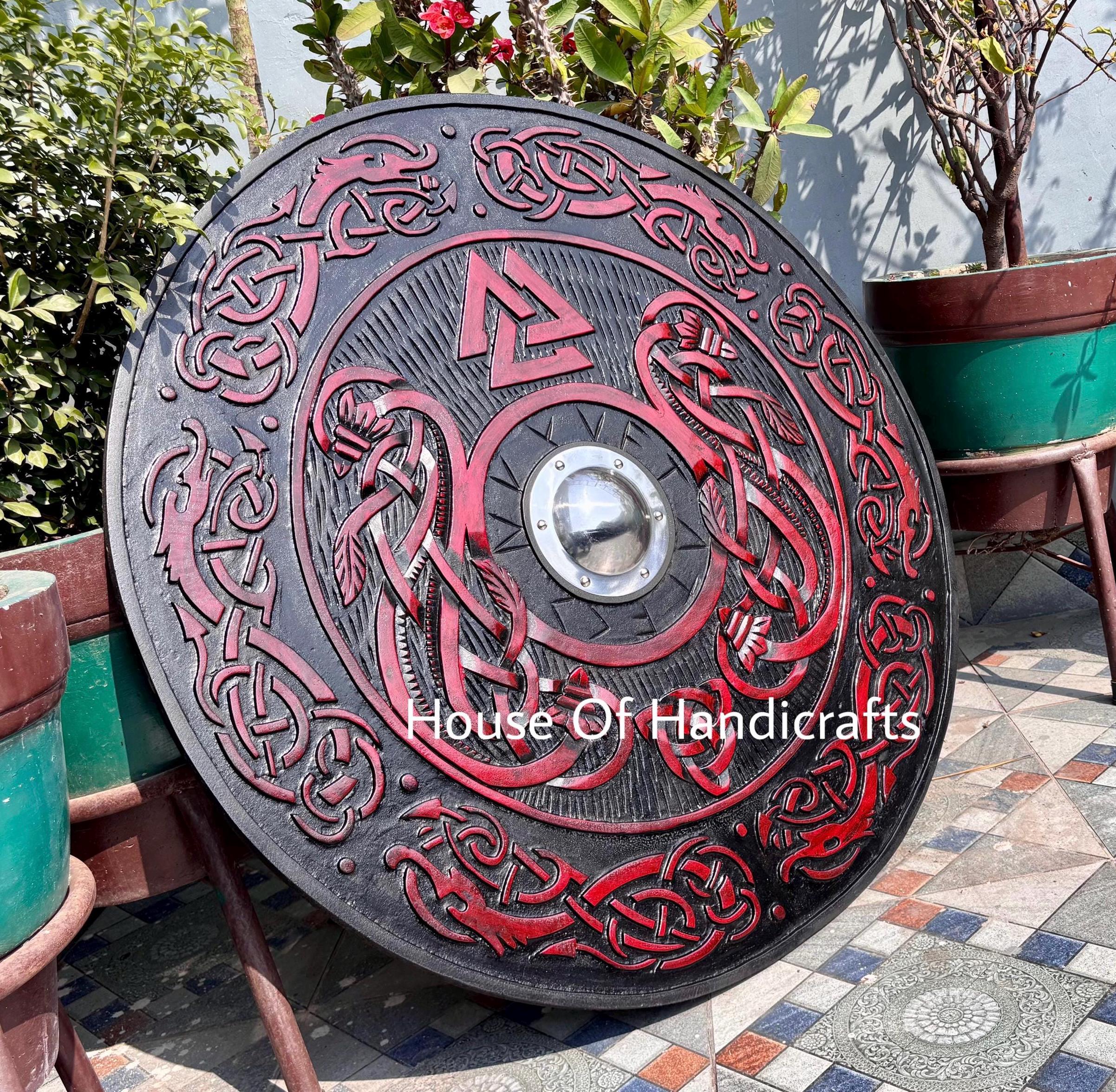 Bouclier Rond Viking Fait Main – Décoration Médiévale – Bois Et Métal