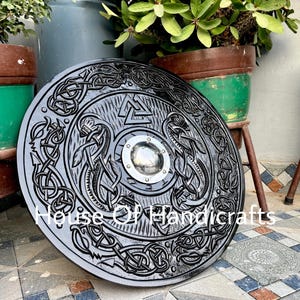 Handmade Viking Carved Shield:Viking Shield '22,24,30,36' Wooden Viking Shield Wall Decor,Room Decor,Cosplay,Gifts image 4