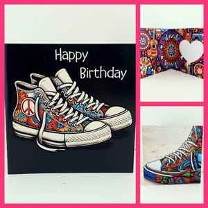 Carte d'anniversaire hippie cool pour les amateurs de musique festival des années 60 et 70, baskets Converse colorées et amusantes, amusantes