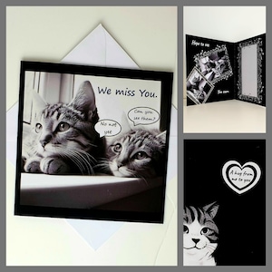 Tarjeta para amantes de los gatos que te extrañan, tierna y sentimental, con gatitos divertidos que te envían un abrazo, tarjeta para que te sientas bien y pienses en ti
