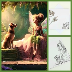Une fée et son chien carte ouverte blanche conte de fées carte d'anniversaire magique carte pour lettres féerique jolies ailes de fée belles oeuvres d'art originales souhaits