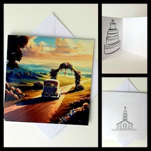 Romantico biglietto di nozze Auto nuziale Torta nuziale Chiesa Divertente Umoristico Bellissimo Classico semplicistico tramonto bianco Coppia felice Giorno delle nozze