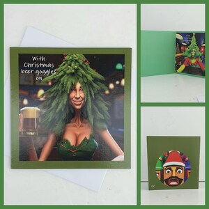 Carte de Noël amusante, arbre de Noël, déguisements, fête, acclamations de joie, insolite, grossier effronté, pub, blague, humour, art original