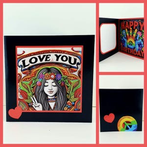 Love you Geburtstagskarte Hippie chick 60er 70er Jahre vibe Flower Power Peace Harmony Patches