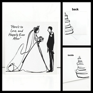 Elegante cartão de casamento noiva e noivo figuras jovem moderno minimalista celebração bolo feito à mão incomum único aberto em branco romântico bonito branco