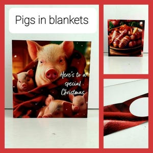 Kerstkaart grappige varkens in deken leuke grap humoristische biggen rode tartan wol schattig gezellig kerstmis handgemaakt ontwerp traditioneel feestelijk origineel