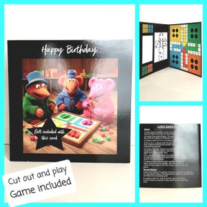 Recorte e jogue cartão de aniversário retro jogo de tabuleiro Ludo ratos de malha recorte dados engraçado peculiar fofo crianças meninos meninas adulto surpresa memórias