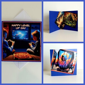 Carte d'anniversaire de jeu vidéo pour garçons, thème fantastique pour les joueurs avec pizza, carte de jeu parfaite pour les enfants, les adolescents ou les fans de jeux vidéo, amusants et colorés