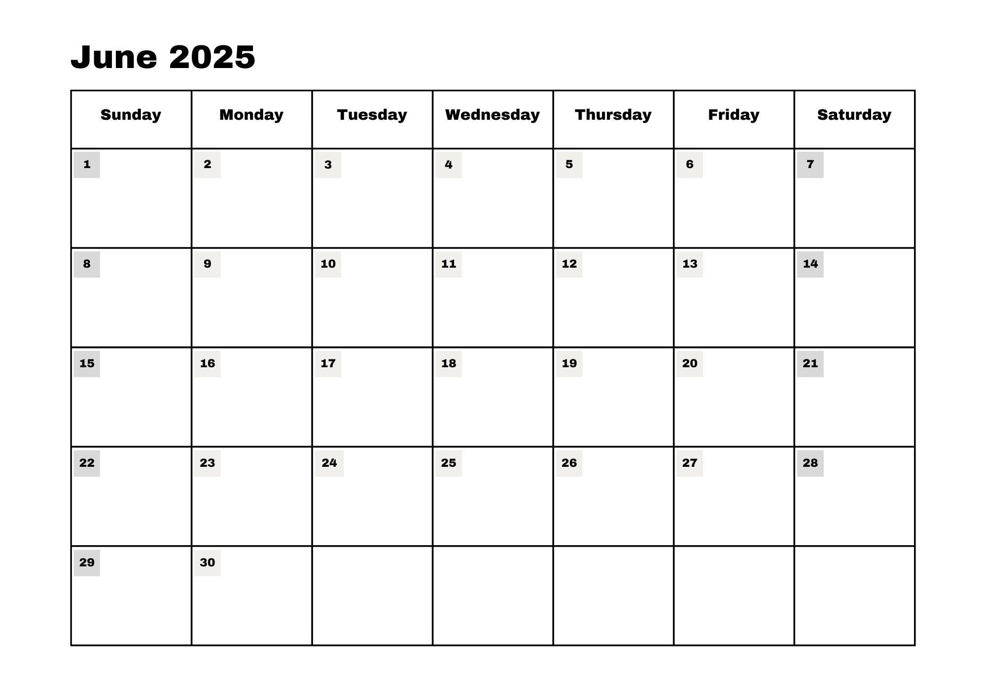 June 2025 Month Calendar Print