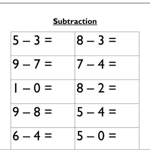 以下が含まれることがあります： 「減算」という単語が上部に書かれた白黒のワークシート。ワークシートには、0から9までの数字を使った簡単な減算問題が10問あります。