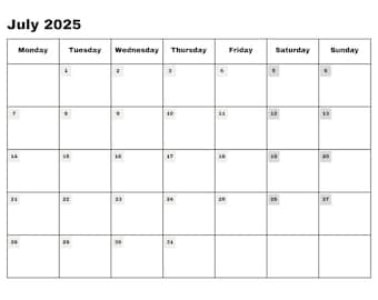 July 2025 Month Calendar Print