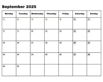 September 2025 Month Calendar Print