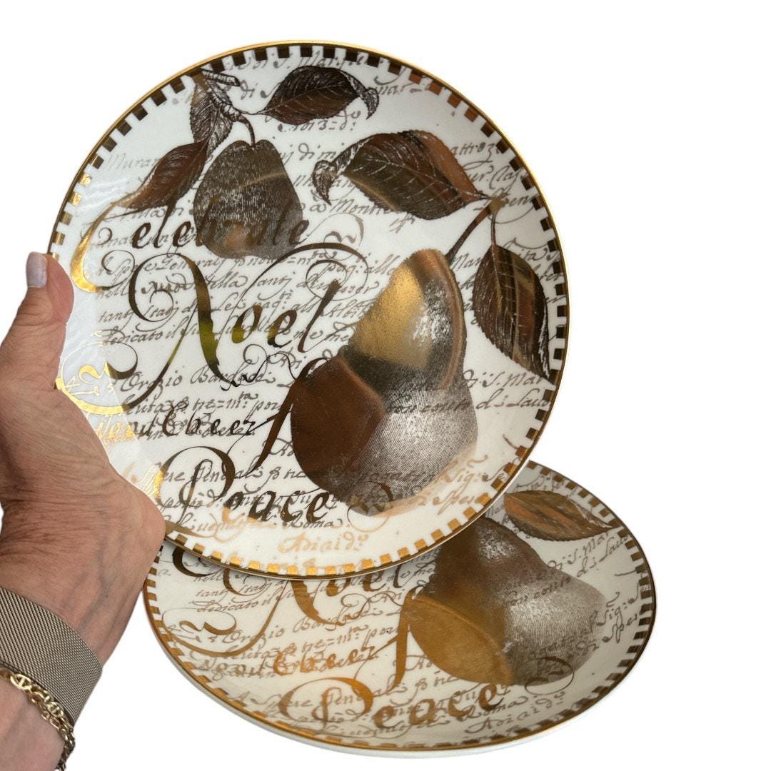Restoration Hardware Set of 2 White Gold Holiday 8 Plates Noel