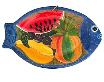Hand Painted Mexican Folk Art Terra Cotta Fish Plate
