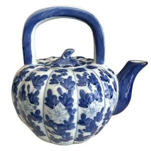 Chinese Blue and White Handled Pumpkin Teapot