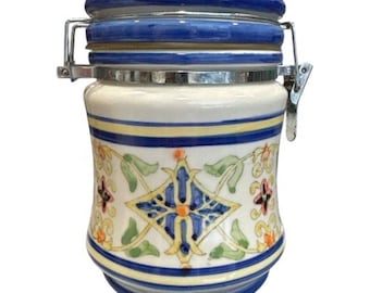 Vintage Floral Print Porcelain Canister Tight Clamp Lid