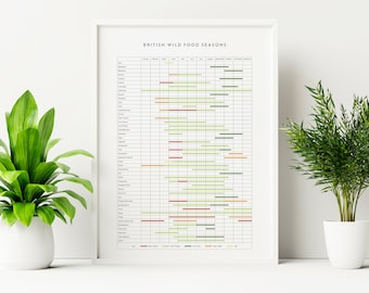 British Wild Food Calendar, Foraging Seasons Print, Seasonal Foraging Gift, Plant Wall Decor, Digital Print, Printable Art