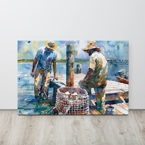 Gullah Art | Original Watercolor Painting | Men on the Dock | Canvas Print