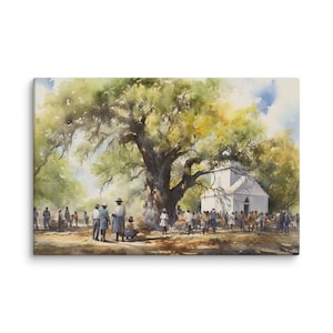 Gullah Art | Original Watercolor Painting | Church Gathering | Canvas Print